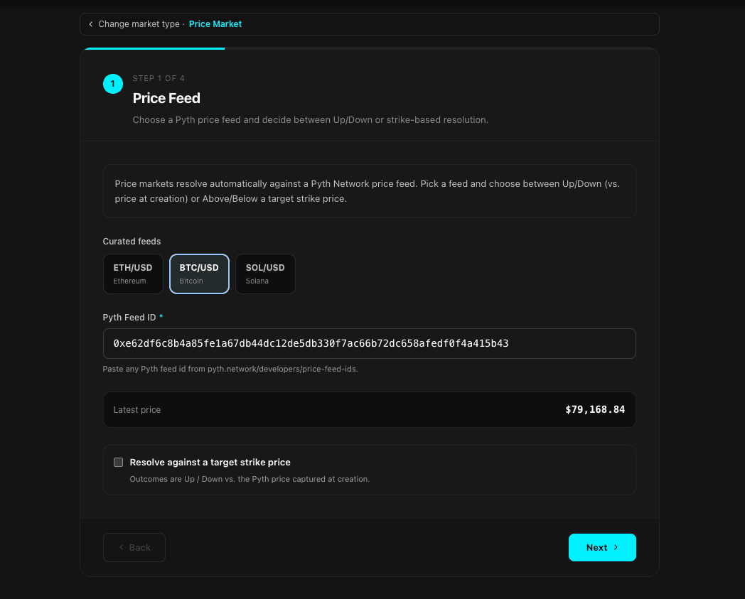 Step 2 — pick the Pyth feed and mode