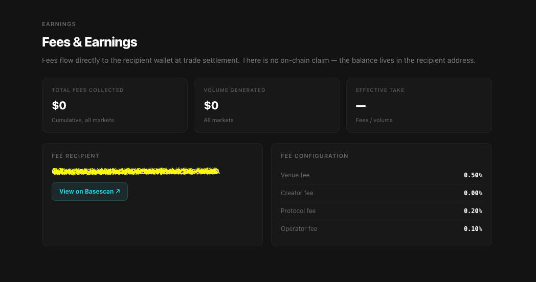 Earnings tab — revenue and fee recipient