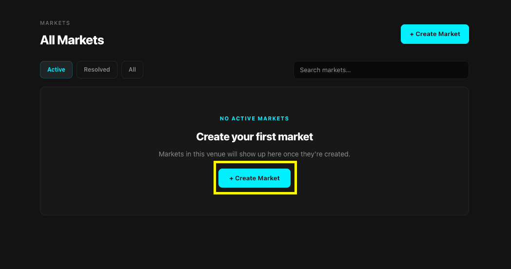 Markets tab on the venue dashboard with the Create market button