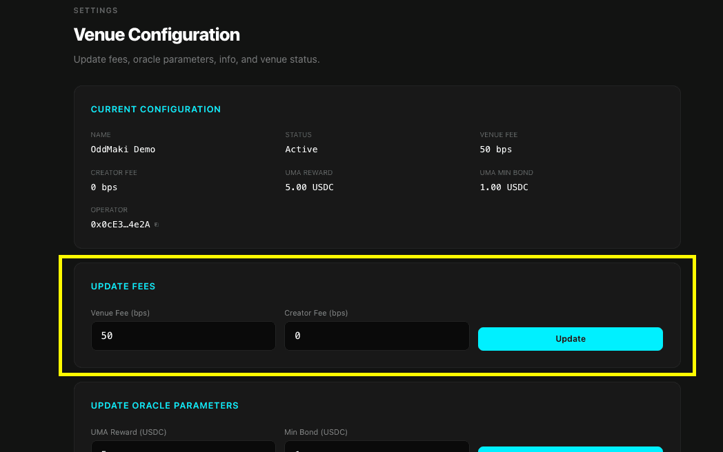 Settings → Fees panel in the OddMaki App