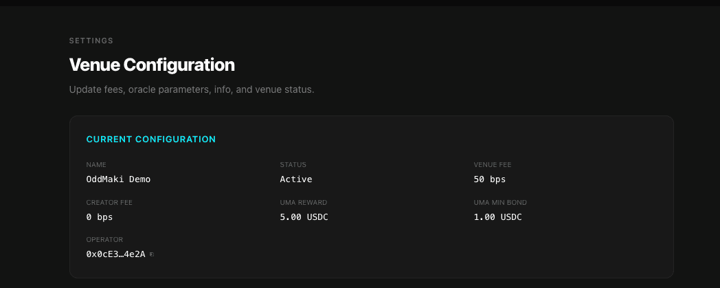 Settings → Info — venue name and metadata