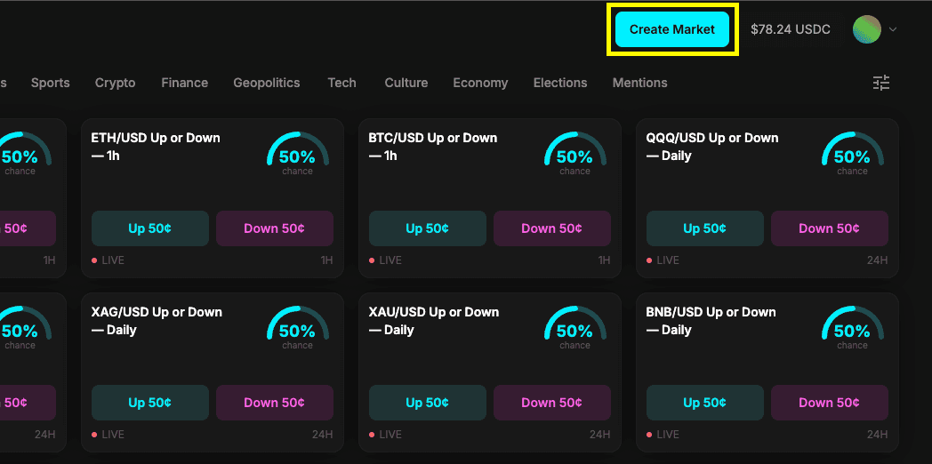 Venue Starter market grid with the Create market button for whitelisted wallets